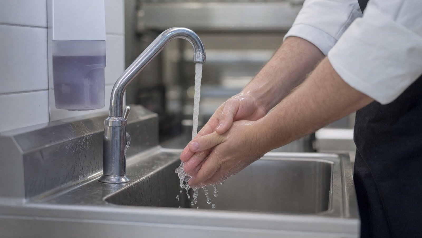 Higienização das mãos em lavatório de aço inox com água corrente e saboneteira na parede