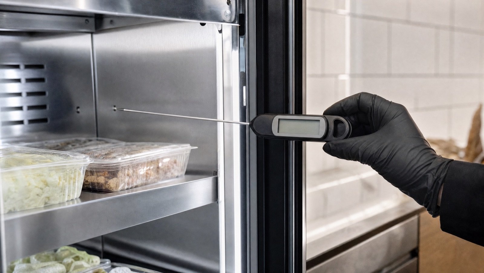Termômetro digital medindo a temperatura no interior de um equipamento refrigerado
