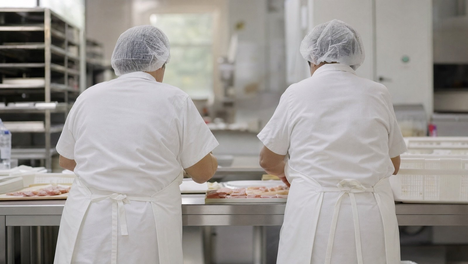 Dois manipuladores de uniforme branco e touca trabalhando lado a lado em bancada de aço inox