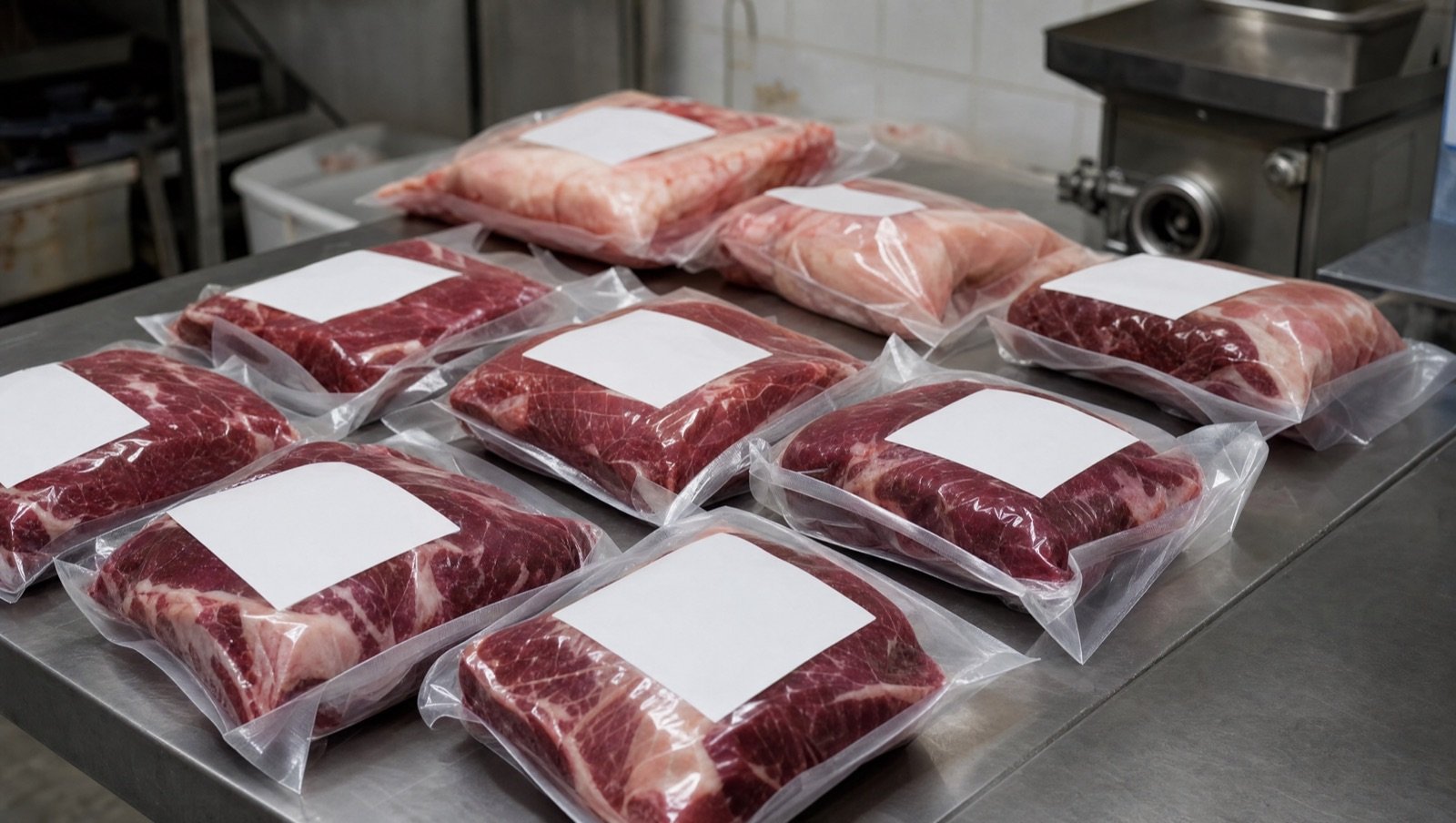 Cortes de carne embalados a vácuo com etiquetas em branco sobre mesa de aço inox